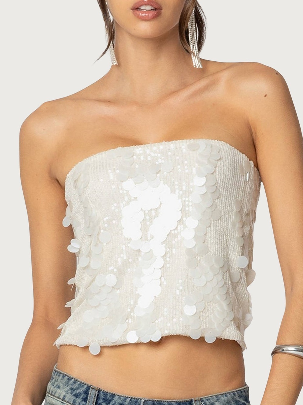 Edikted Samara Sequin Strapless Cream Top